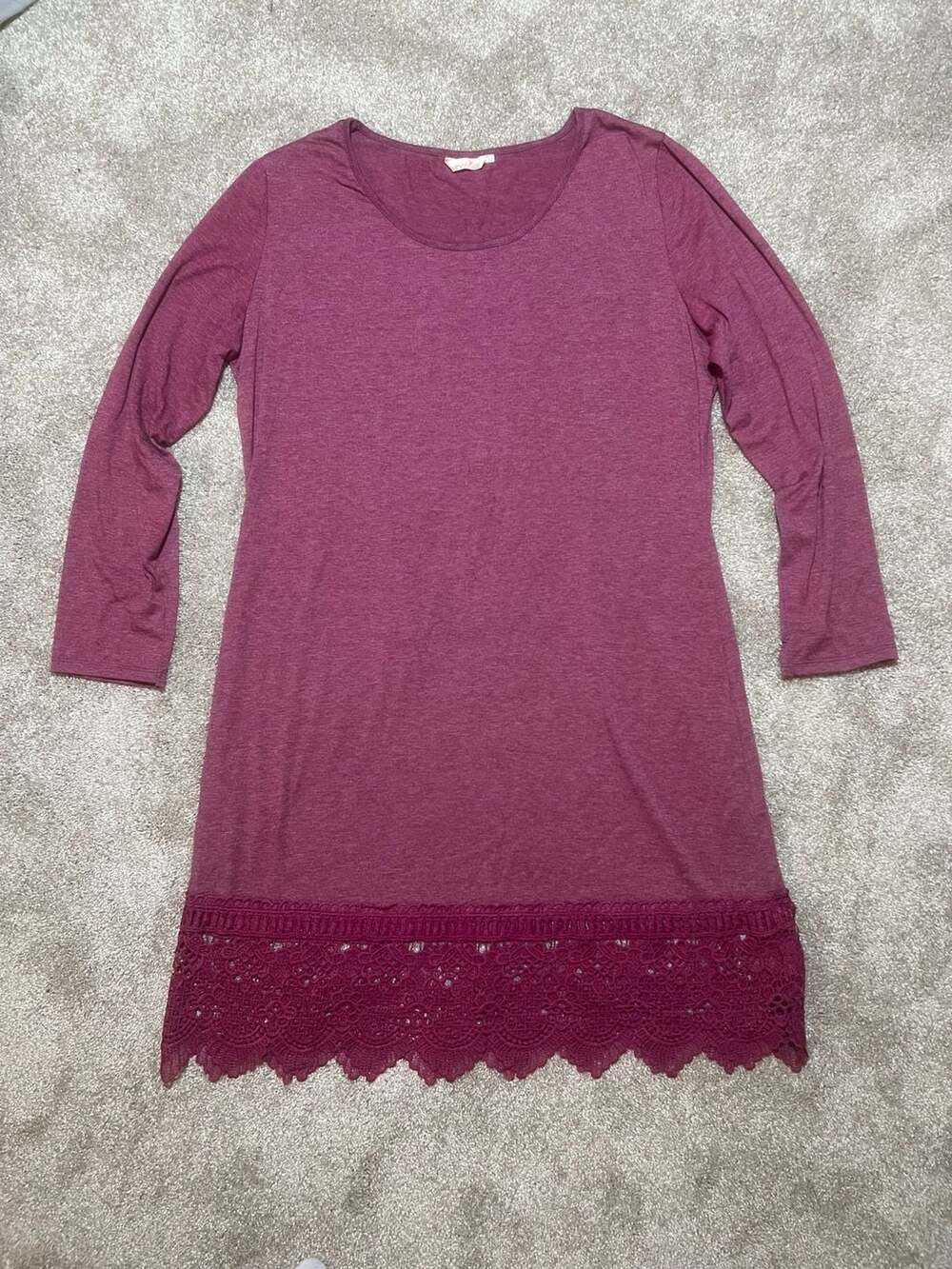 Miyang Burgundy Long Sleeve Lace Hem Tunic Top Dress XL